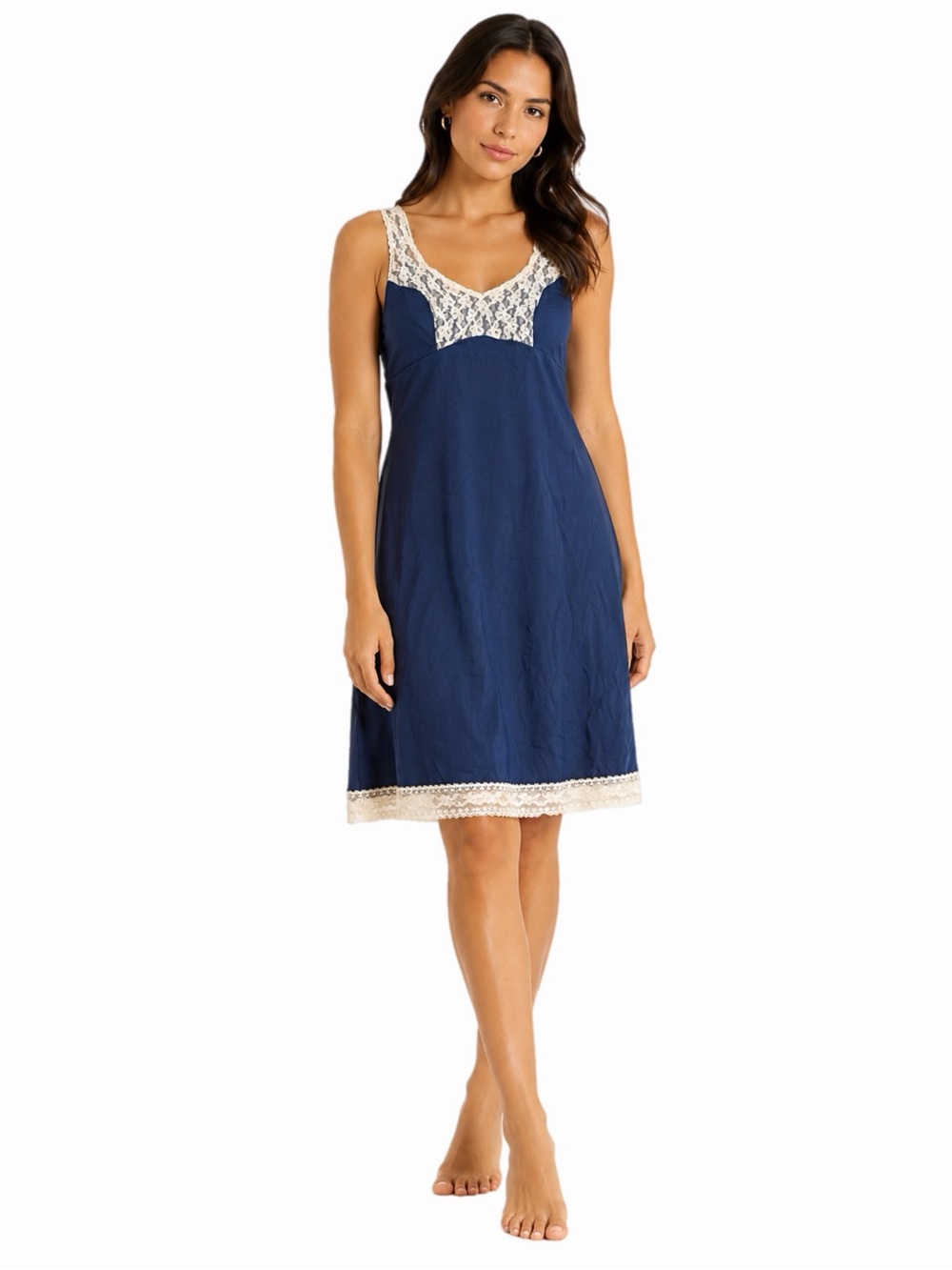 NWT 60s/70s European Vintage Triumph Nylon Lace Trim Slip Dress (Navy/White) M